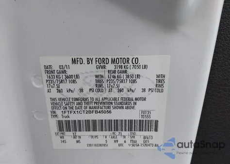 2011 Ford F-150 Xlt из США, поврежденный, VIN 1FTFX1CT2BFB45056